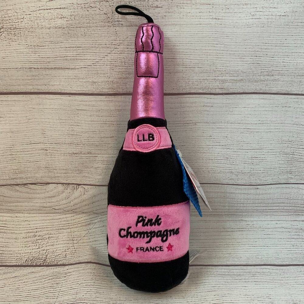Lulubelles Dog Toy Plush Stuffed Pink & Black Champagne Bottle Squeaky NEW 13"